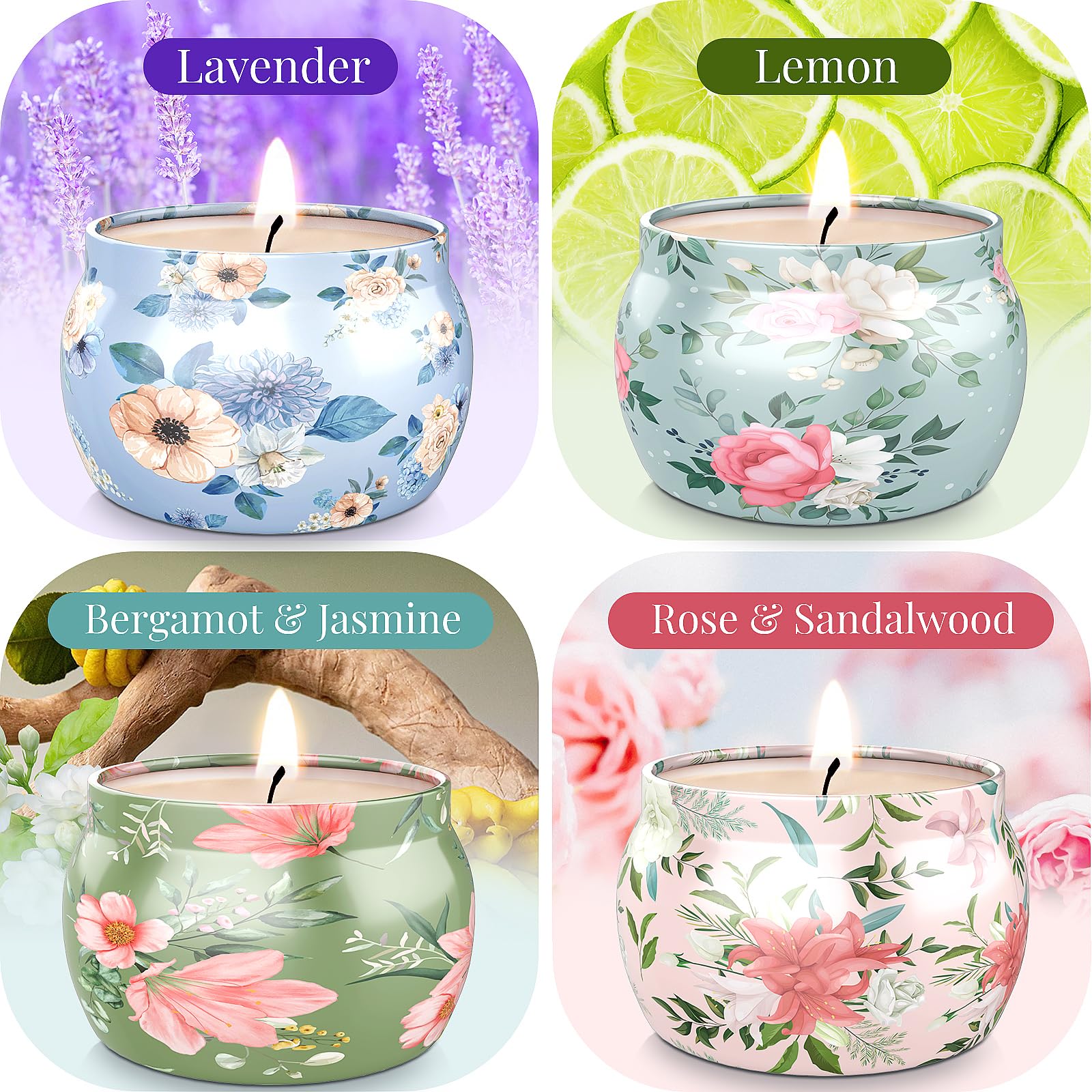 BlissfulOasis Scented Candles Set, 17.6 oz 4 Pack Home Scented Candles, 100-120 Hours Candle Gift for Men and Women, Scented Can